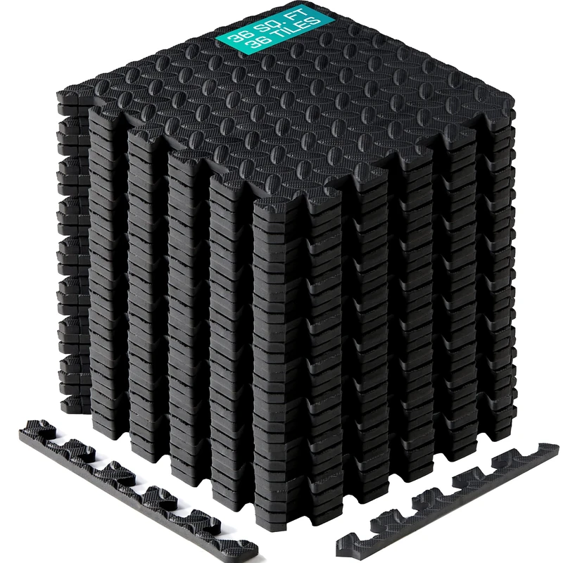 Yes4All M8RZ Interlocking Exercise Foam Mats with Border – Interlocking Floor Mats for Gym Equipment – Eva Interlocking Floor Tiles (Black)