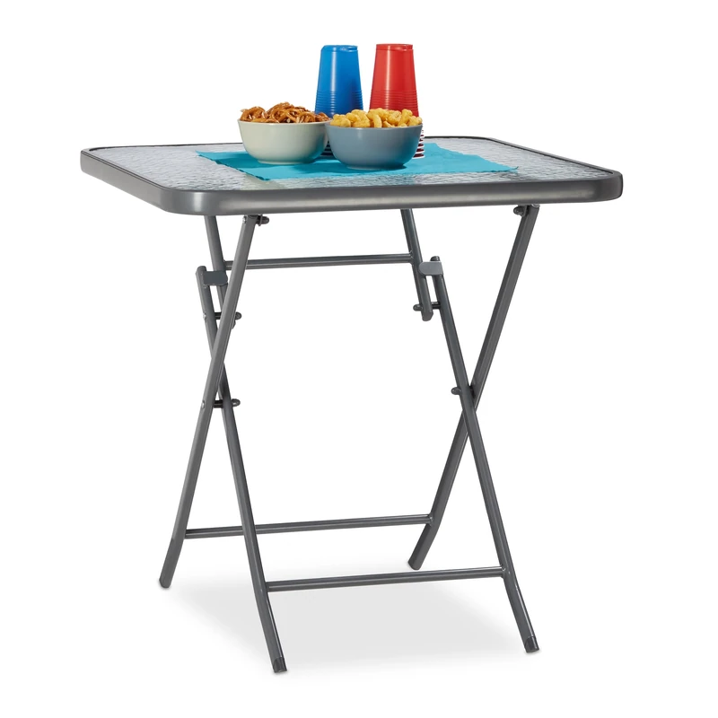 Relaxdays STRUK Foldable Patio Table with Glass Table Top, Bistro Table for the Garden & Balcony, Square, 70 x 70 cm, Grey