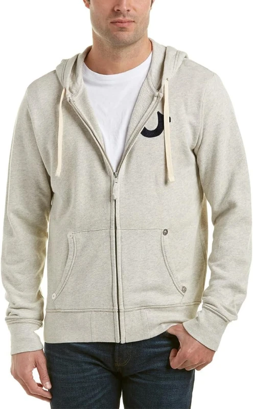 True Religion Men's Buddha Logo Zip Hoodie Sweatshirt, Oatmeal Heather, XL