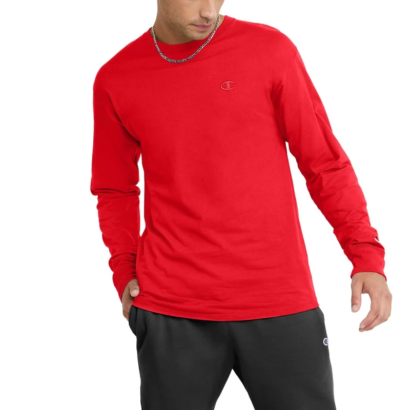 Champion Men's Classic Long Sleeve T-Shirt, Standard Fit, Script & C Logo, Available in Regular and Big & Tall, Scarlet, M