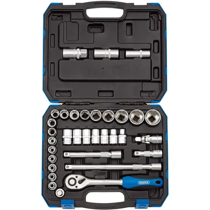 Draper 33 Piece Square Drive Combined 1/2-Inch Socket Set with Ratchet & Case - MM/AF - DIY Home Professional & Car Kit, Blue