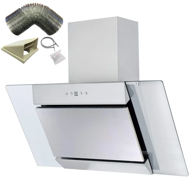 SIA AGL91SS 90cm Angled Stainless Steel And Glass Chimney Cooker Hood Kitchen Extractor Fan With LED Lights And 3m Flexible External Ducting Kit