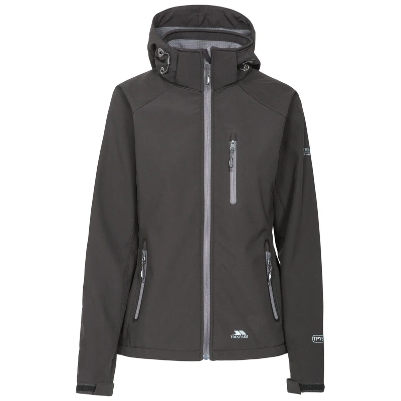 Trespass Womens Softshell Jacket Bela II - Waterproof: 8000mm, Breathable: 3000mvp, Windproof, 3 Low Profile Zip Pockets, Chin Guard, Contrast Zips, Adjustable Zip-Off Hood Black