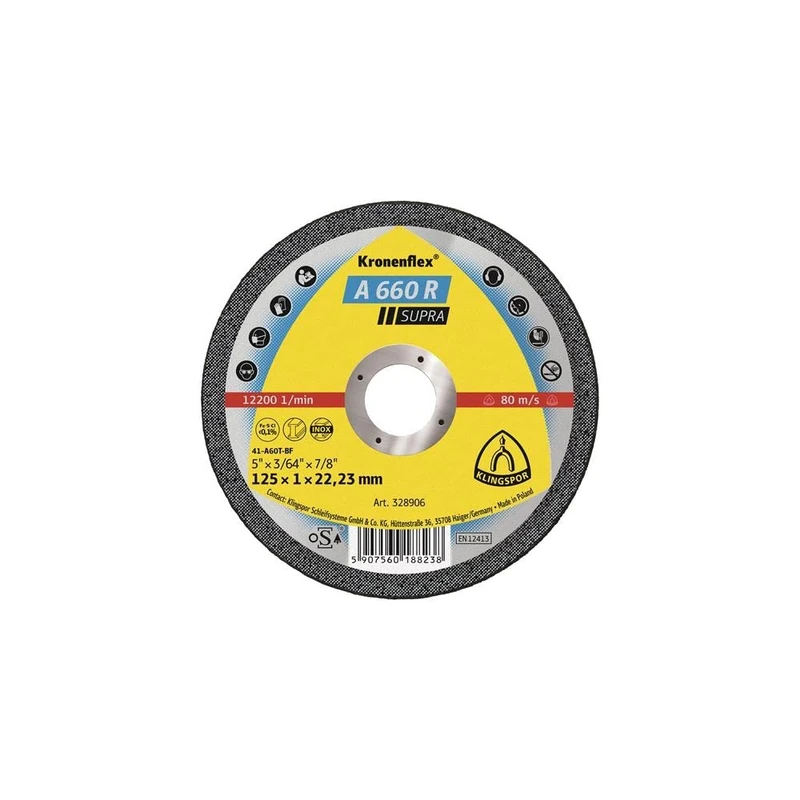 Klingspor KLI-328906 328906 A 660 R Cutting Discs 125 x 1 x 22.23 mm Straight, Contents: 25 Pieces