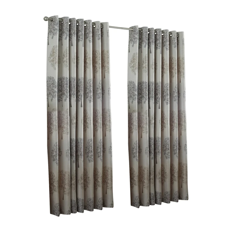 Riva Paoletti Oakdale Ringtop Eyelet Curtains (Pair) - Silver and Beige - Oak Tree Motif Design - Ready Made - 100% Polyester - 229cm width x 137cm drop (90" x 54" inches) - Designed in the UK