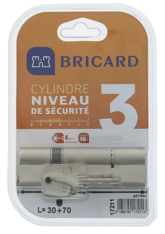 BRICARD 17211 Cylinder Nickel-Plated Brass Astral 2, 9, 10 Pieces, 2 30 + 70 Personal Protection Against Drilling, and Pick Card - Image 1