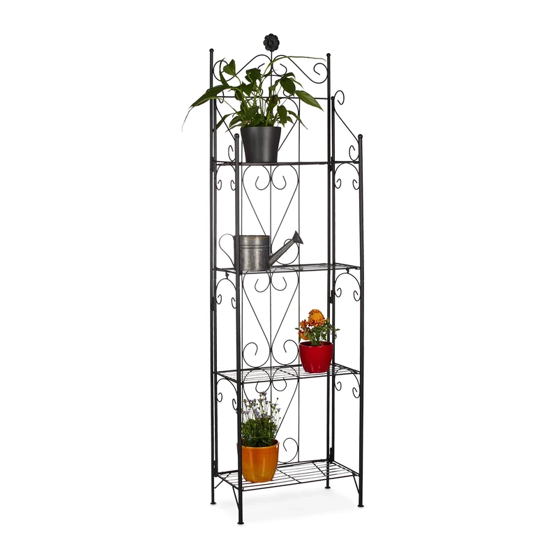 Relaxdays Metal Flower Stand with 4 Shelves, Foldable, Weather-Resistant, Plant Rack, HxWxD: 157 x 44 x 24 cm, Black