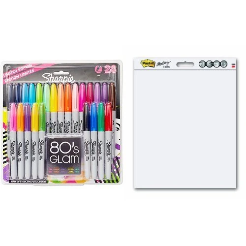 Sharpie Fine Point Permanent Marker, Assorted Colours, Pack of 24 (80s Glam) with Post-It Refill for Self-Stick Wall Pad, 58.4 x 50.8 cm, Plain White, Pack of 2