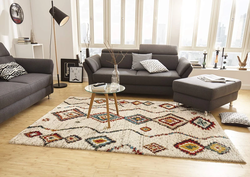 Mint Rugs High Pile Geometric Rug, Soft and Fluffy, Classic Boho Design (120 x 170 cm, 3 cm Pile Height, 100% Polypropylene, Robust and Suitable for Underfloor Heating), Cream, Synthetic Fibre
