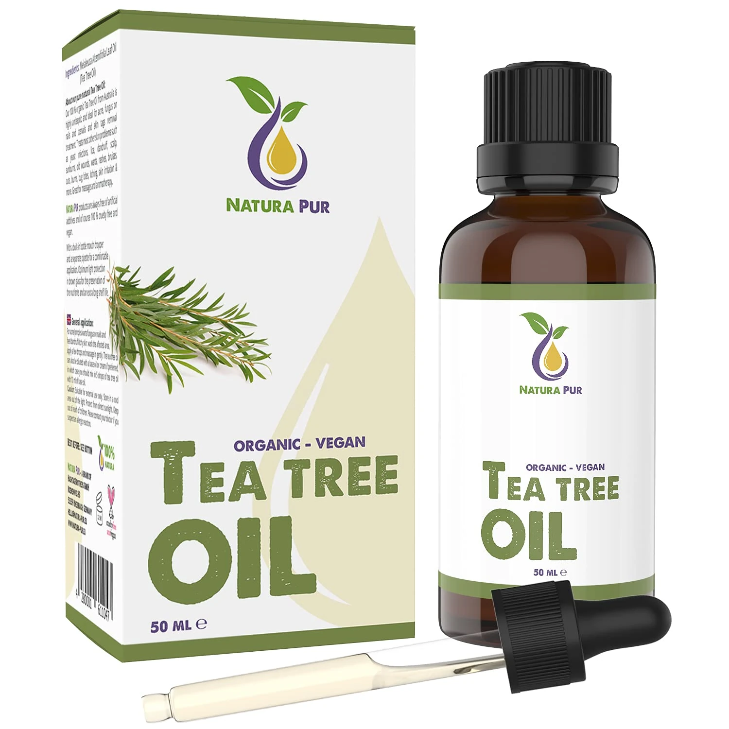 Organic Tea Tree Oil 50ml with Pipette – 100% Pure Undiluted Tea Tree Essential Oil, Vegan – for Skin, Nails, Hair, Aromatherapy and diffusers