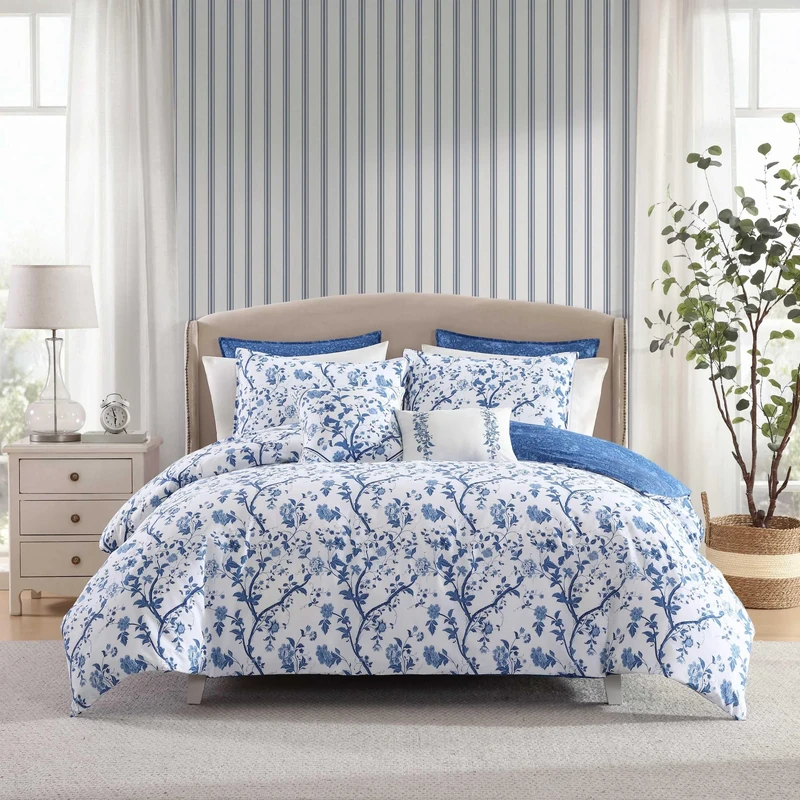 Laura Ashley Luxury Ultra Soft Comforter, All Season Bedding Set, Stylish Delicate Design for Home Décor, Cotton, Blue, Queen