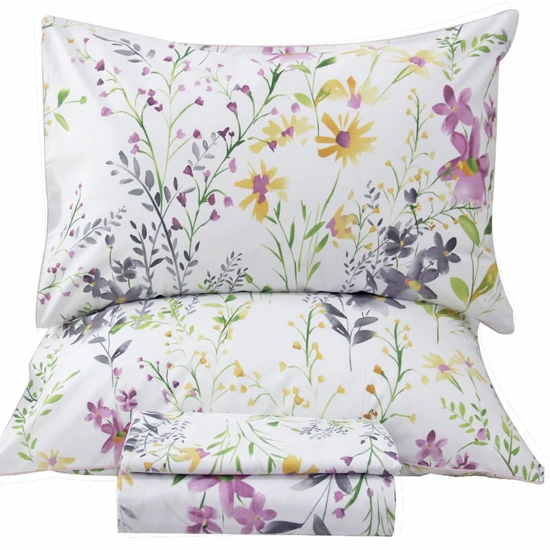 QSH 100% Egyptian Cotton Sheets Full Size Set, Yellow Flowers Plant Pattern Botanical Luxury Cotton Printed Bedding Floral Full Bed Sheets Extra Soft and Breathable 4pcs Deep Pockets Sheets