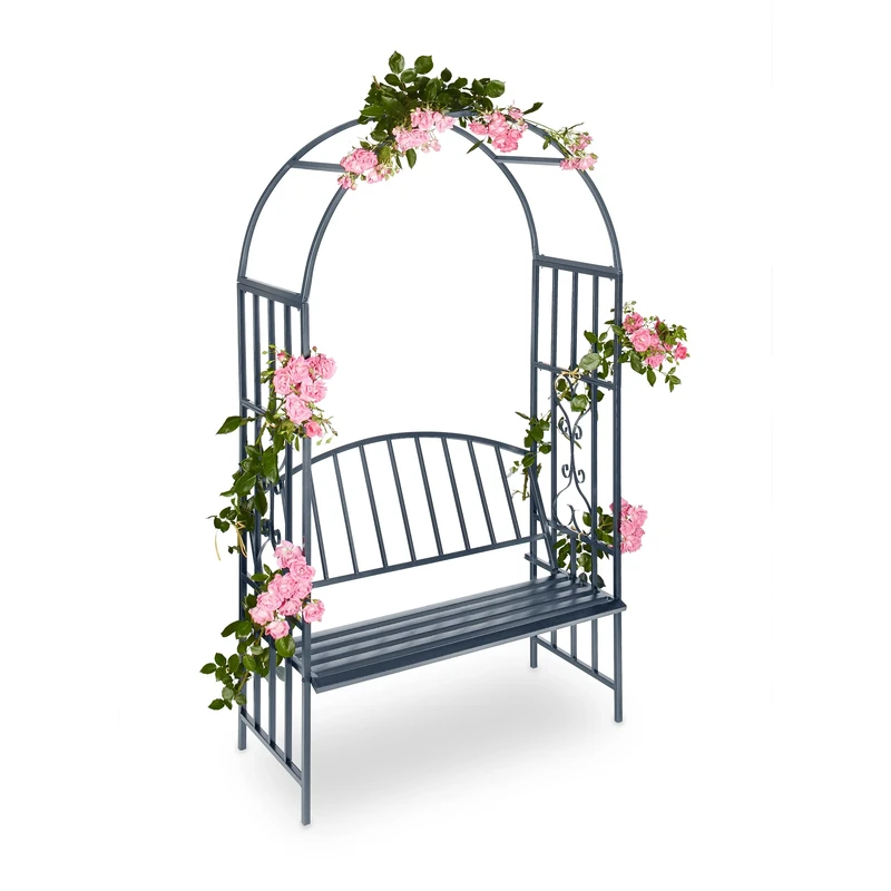 Relaxdays Arbour with Bench, Robust Metal, 2-Seater Decorative Garden Chair, Trellis, HxWxD: 205 x 115 x 50 cm, Black