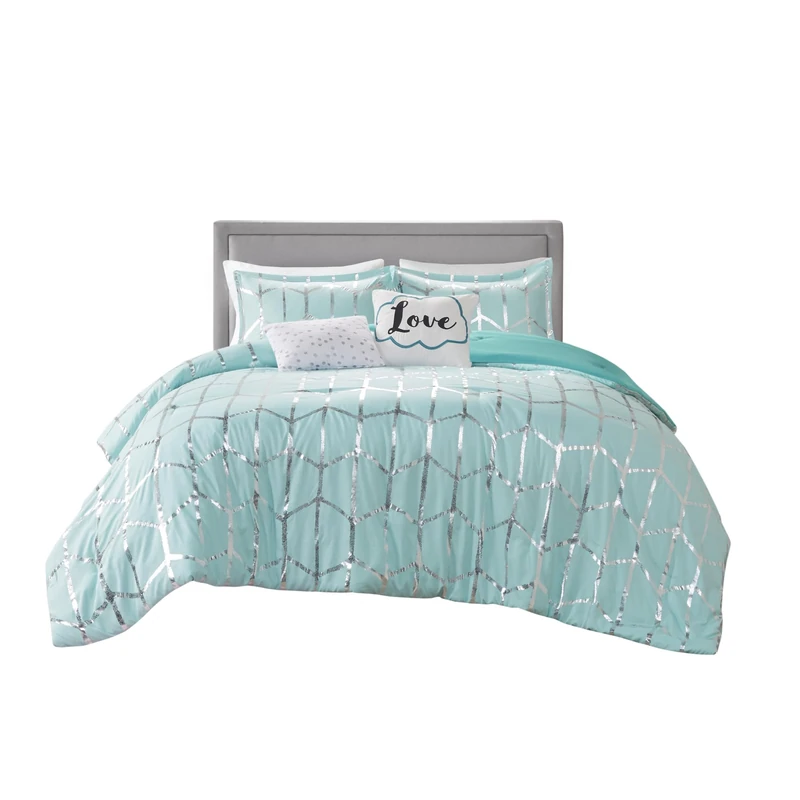 Intelligent Design Raina Comforter Set King/Cal King Size - Aqua Silver, Geometric – 5 Piece Bed Sets – Ultra Soft Microfiber Teen Bedding For Girls Bedroom