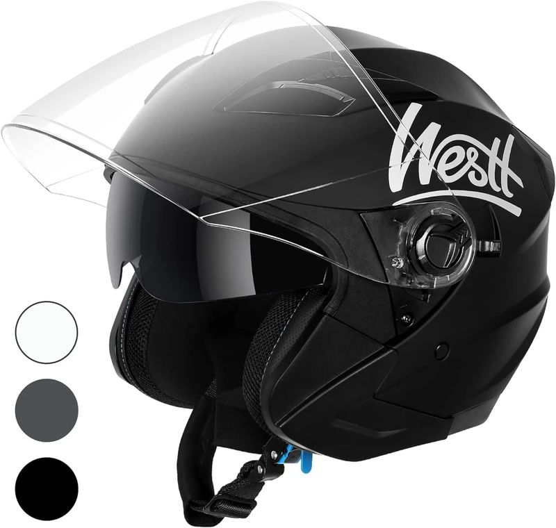 Westt Jet Motorbike Helmet - Open Face Helmet for Motorcycle Scooter Moped with Double Visor ECE Certified (Matte Black), xl