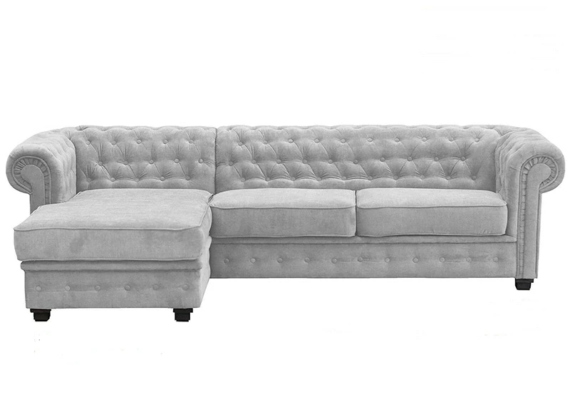 Chesterfield Style Corner Sofa Set 3+2 Seater Armchair Light Grey Fabric (Left Hand Corner)