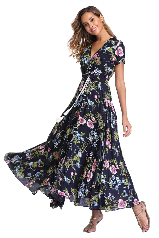 VintageClothing Women's Floral Print Maxi Dresses Boho Button Up Split Beach Party Dress, Floral N, S