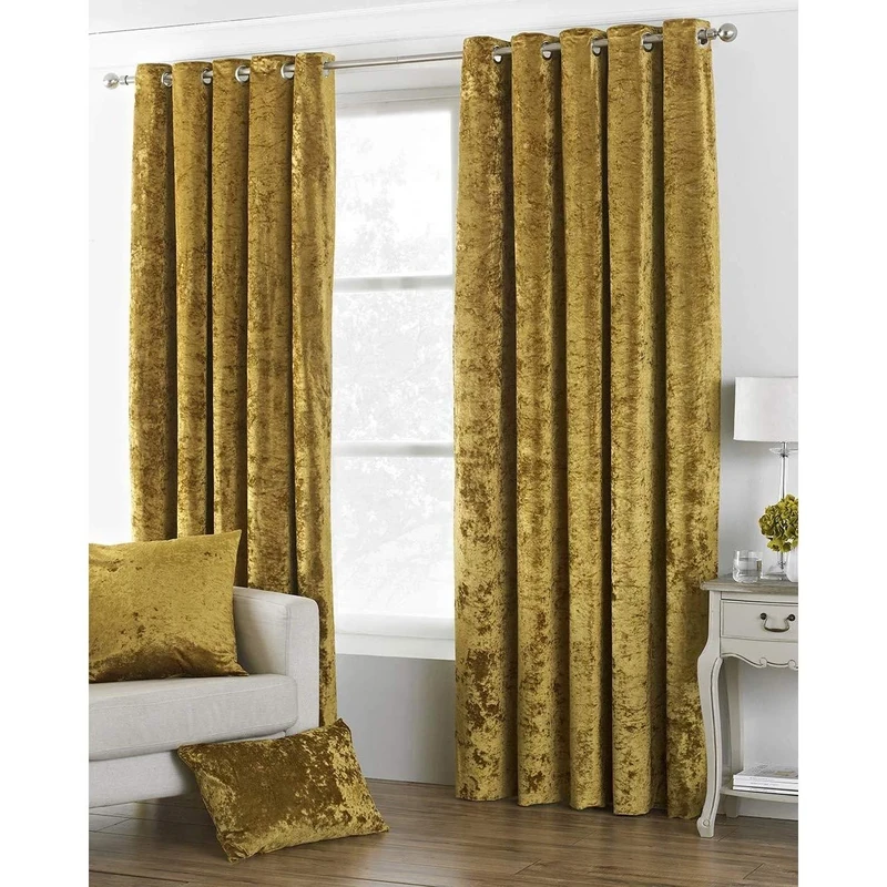 Riva Paoletti Verona Ringtop Eyelet Curtains (Pair) - Ochre Yellow - Velvet Feel - Crushed Velvet Look 100% Polyester - 117cm width x 137cm drop (46" x 54" inches) - Designed in the UK