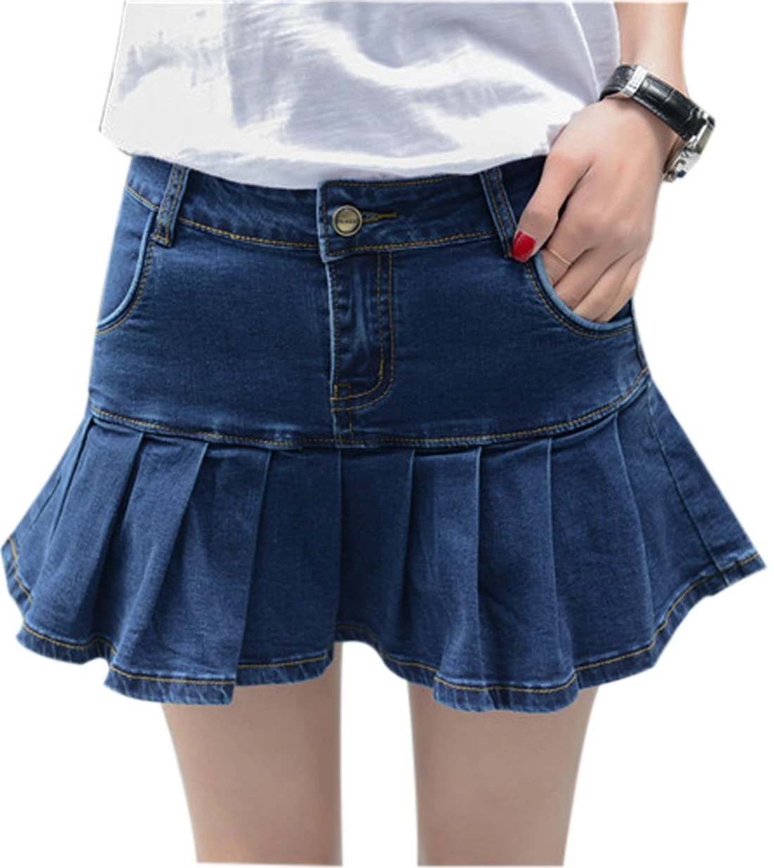 Yeokou Women's Casual Slim A-line Pleated Ruffle Short Mini Denim Skirts - blue - X-Small