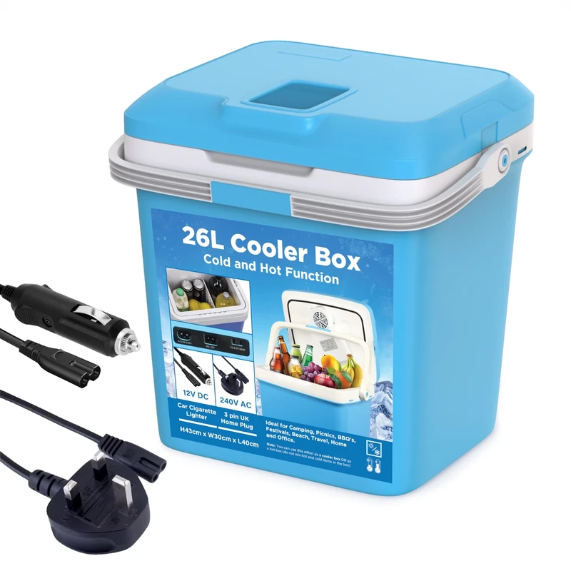 Electric Cooler Box of 26L | Large Cool Box Powered By 12V In-Car Cigarette Lighter Socket or UK 3 Pin Plug | Camping | Picnics | Car | Home | Cooler & Cool Bag | Heat Function