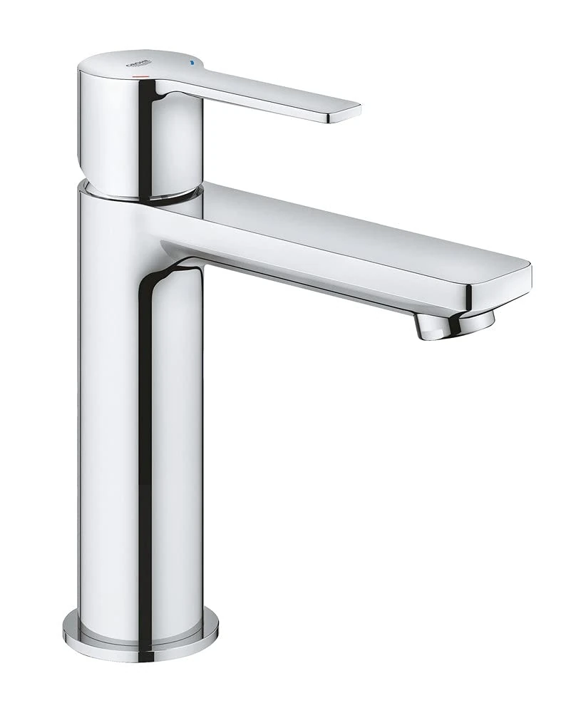 GROHE Lineare – Smooth Body Single Lever Basin Mixer Tap with Push-Open Pop-Up Waste (High Spout, Metal Lever, 28 mm Ceramic Cartridge, Water Saving Tech, Tails 3/8 Inch), Size 18 cm, Chrome, 23106001