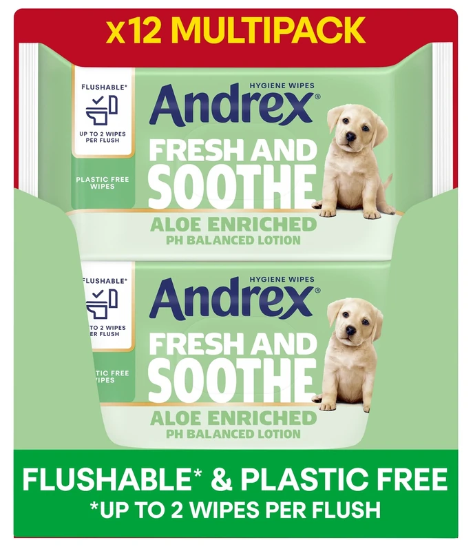 Andrex Fresh and Soothe Hygiene Wipes, 12 Packs - Flushable Toilet Wipes - Skin Kind - Contains Aloe Vera and Prebiotic Lotion- Biodegradable and Plastic-Free, FSC Certified