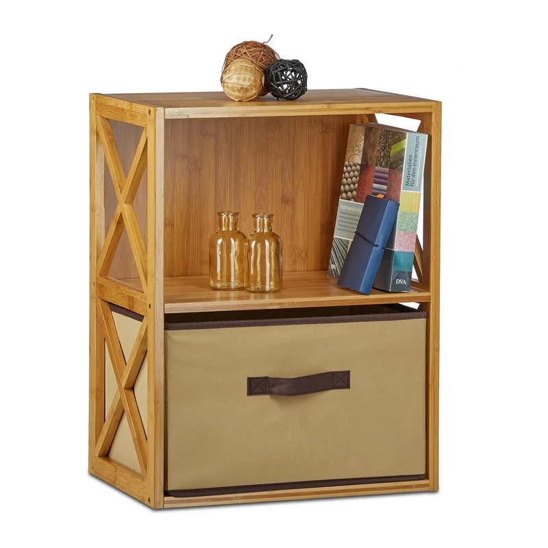 Relaxdays Bamboo Shelf with Basket, 2 Tiers, Wooden Freestanding Bathroom Rack, Folding Drawer Box, HxWxD: 54 x 42 x 29 cm, Natural Brown