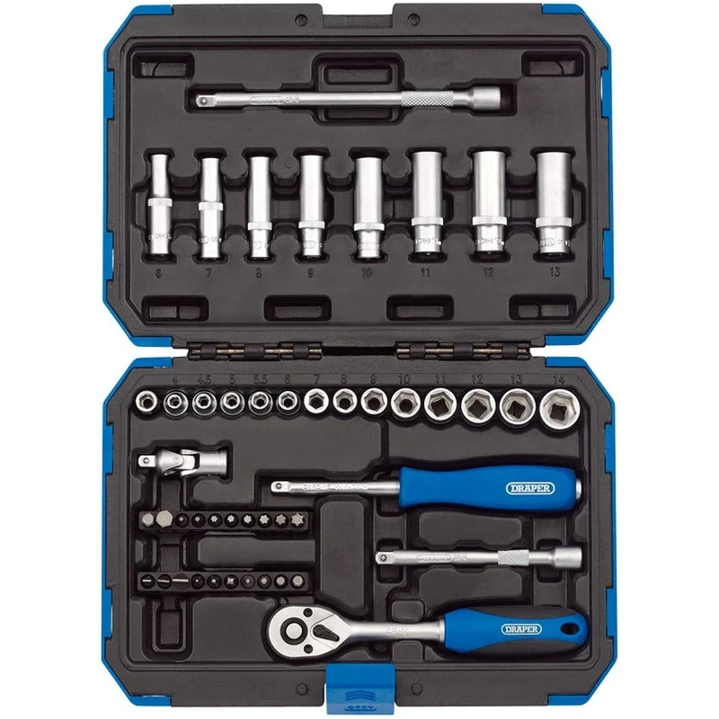 Draper 1/4" 47 Piece Square Drive Metric Socket Set | Micrometre Reversible Hand Tool |Soft Grip Ratchet | 21 Metrics Sockets Mechanics Car Tools | Professional Plastic Storage Case | 16355