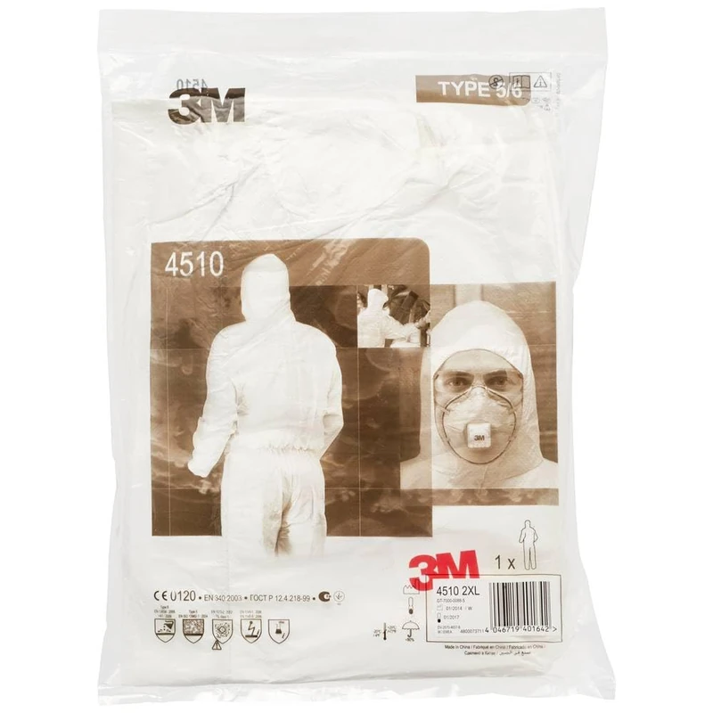 3M 4532W2XL AR Protective Coverall with 3 panel elasticated hood ankles waist and knitted cuffs, Antistatic breathable fabric, Type 5/6, Size XX-Large, White (Pack of 20)