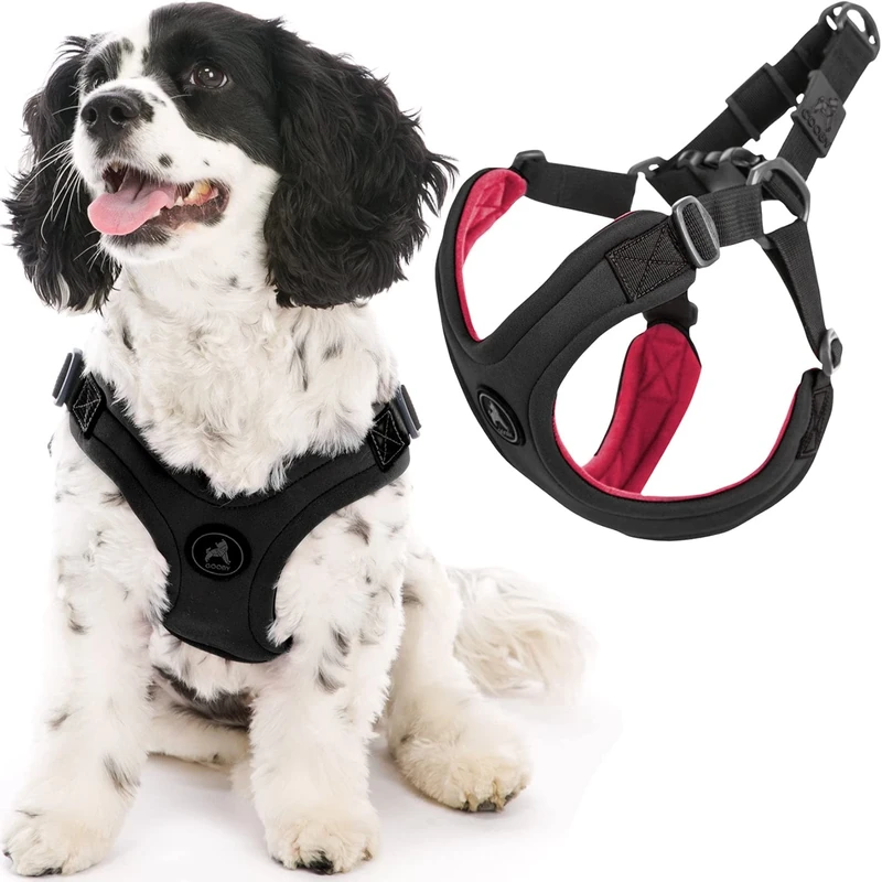 Gooby Sporty Escape Free Harness, Medium - Black, Neoprene, No-Pull, 4-Point Adjustment for Small Dogs up to 35 lbs