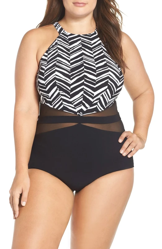 Profile by Gottex Women's Marble Print One-Piece Swimsuit, Black/White, 20W