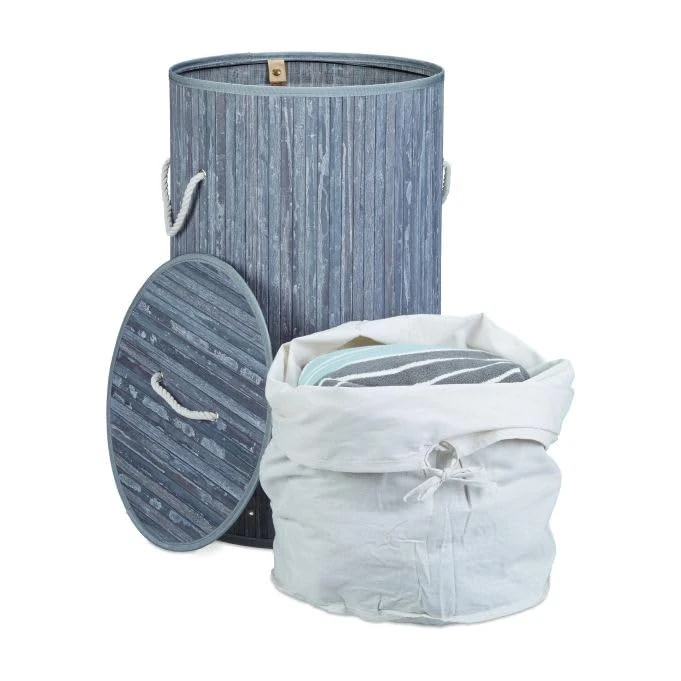 Relaxdays Folding Round Laundry Basket, 41 cm Diameter, 65 cm Tall, Foldable, Volume of 80 L, with Cotton Laundry Sack, Grey