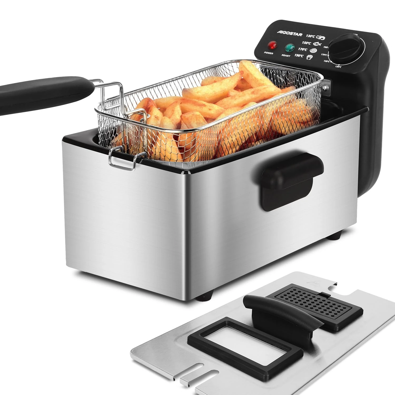 Aigostar Deep Fat Fryer 2200W, 3 Litre Deep Fryer Easy Clean, with Viewing Window, Stainless Steel, Temperature Control, Removable Oil Basket, Silver - Ushas 30JPN