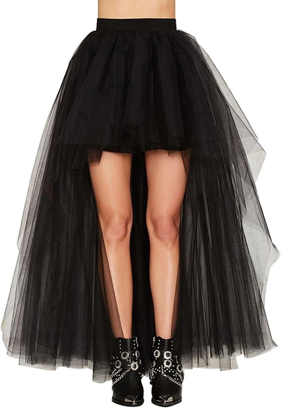MisShow Women's Hi-Lo Long Tutu Tulle Bustle Skirt Elastic Waist Festival Party Skirt, 805 Black, One Size