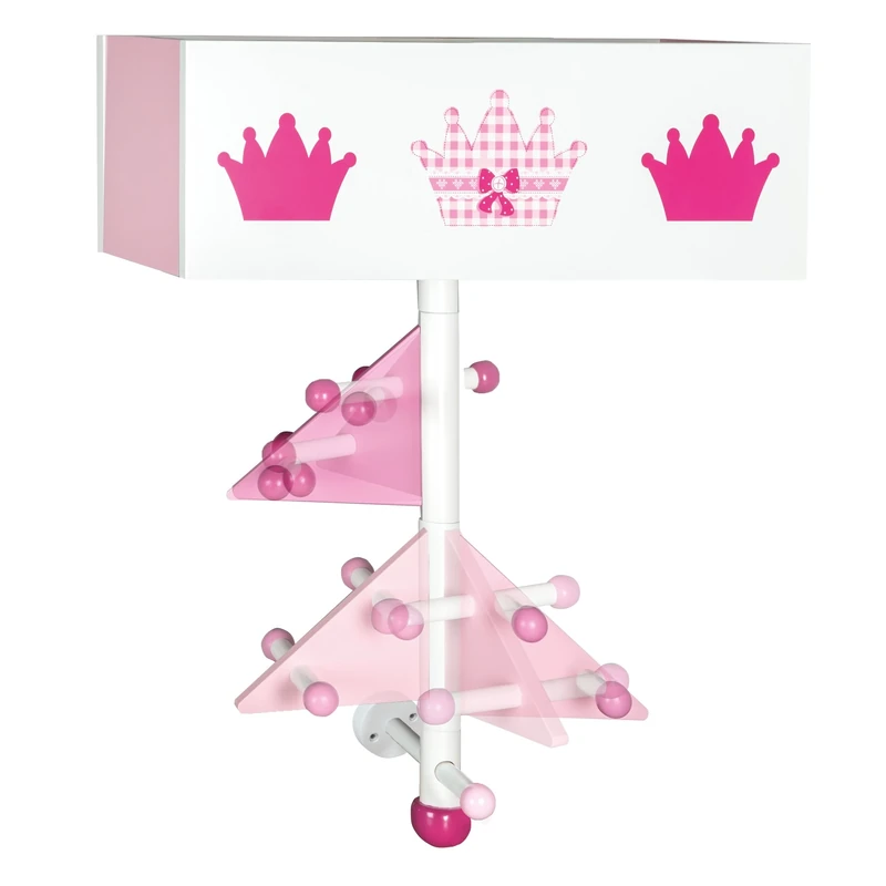 roba Crown Children's Coat Rack Made of Wood - Children's Coat Rack with 9 Hooks & 2 compartments - Wall-Mounted Coat Rack - Princess Design Pink Painted/Printed