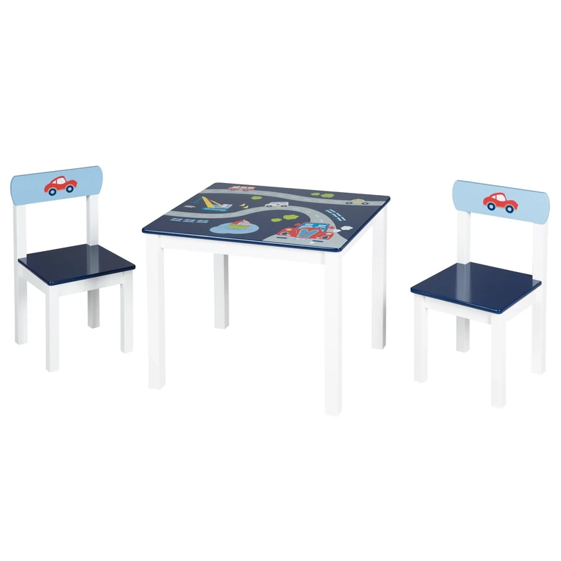roba Racer Children's Seating Group - Wooden Children's Table Set with 2 Children's Chairs & Table - Children's Furniture with Vehicle Motifs - Blue/White