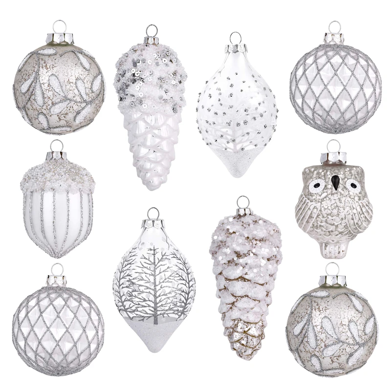 Valery Madelyn Glass Christmas Ornaments Set, 10ct White and Silver Hanging Ornaments for Christmas Trees, Mercury Winter Wonderland Forest Xmas Decorations Ball Ornaments Bulk for Holiday Decor