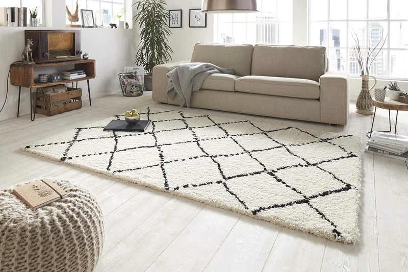 MINT RUGS Allure High Pile Living Room Rug Soft Fluffy Long Pile Shaggy Flokati Diamond Pattern for Living Room Kitchen Hallway or Bedroom Cream Black 80 x 150 cm
