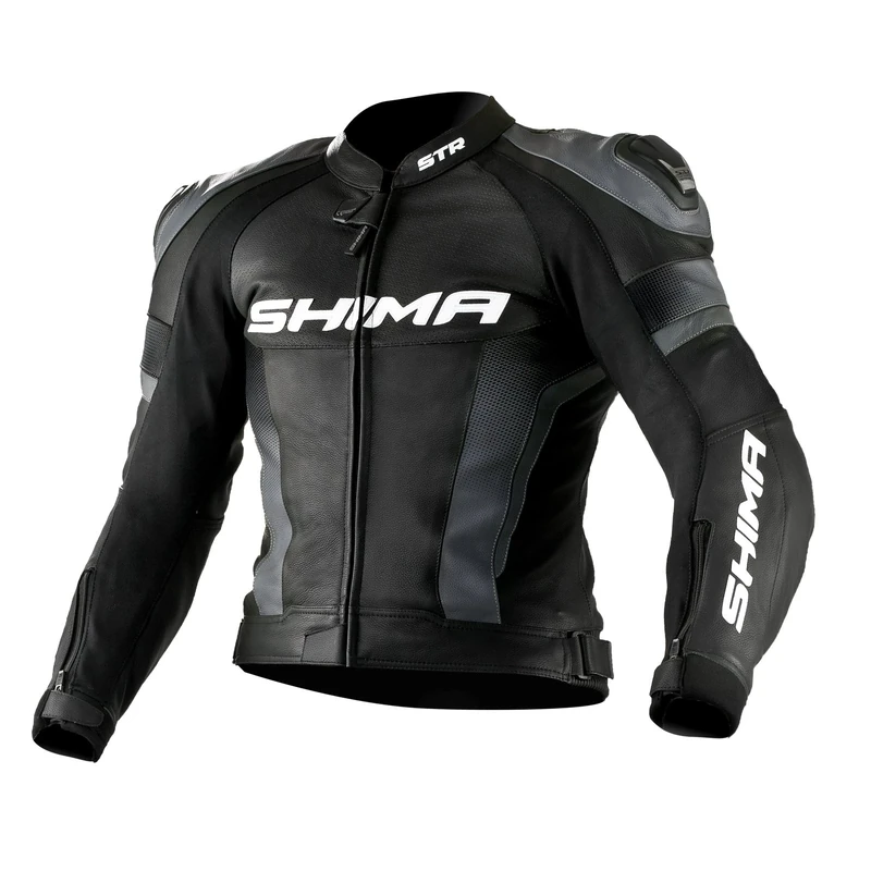 SHIMA STR JACKET BLACK, Leather Motorbike Racing Perforated Sport Motorcycle Suit - jacket (Sizes: 46-56)