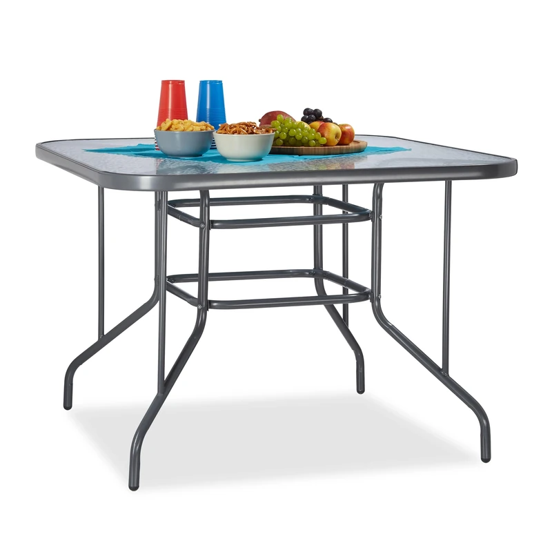 Relaxdays STRUK Glass Patio Table, Decorative Glass Table Top, Large Garden Dining Table, Porch, Square, 70 x 100 cm, Grey