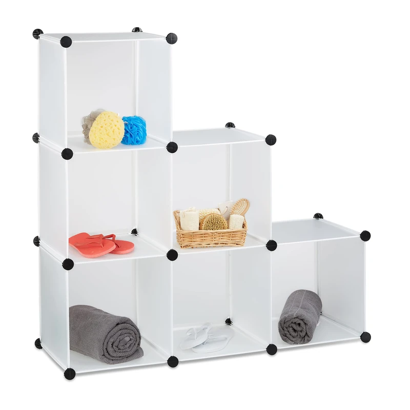 Relaxdays Storage Shelf Step Rack with 6 Compartments, Stacking Shelves as Closet or Room Divider, Open Bookcase, White