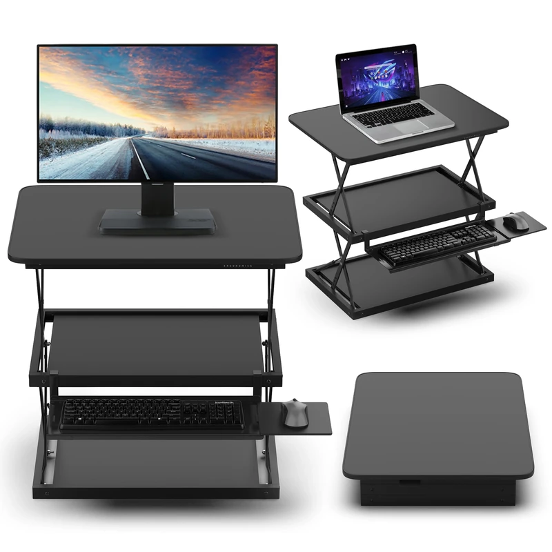CHANGEdesk Tall Ergonomic Standing Desk Converter for Laptops Single Monitors Adjustable Height Desktop Sit Stand-up Riser with Keyboard Tray Affordable Compact Small Computer Workstation Black