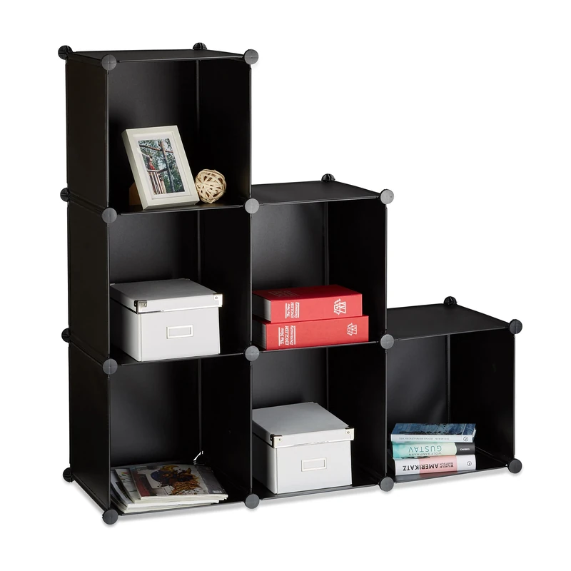 Relaxdays Storage Shelf Step Rack with 6 Compartments, Stacking Shelves as Closet or Room Divider, Open Bookcase, Black