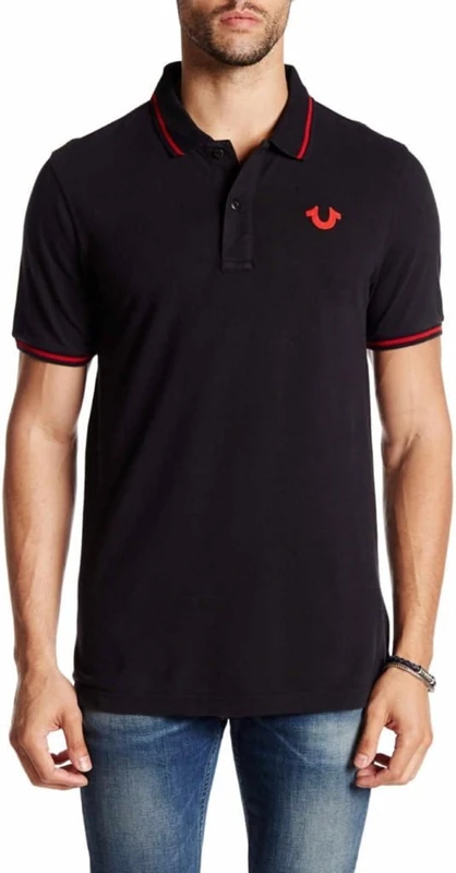 True Religion Men's Crafted with Pride Polo, Black with Red Piping, M