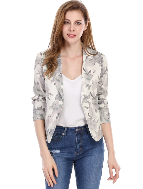 Allegra K Women's Open Front Office Work Business Crop Suit Blazer Jacket Beige-Floral 8