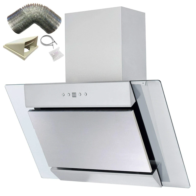 SIA AGL71SS 70cm Angled Stainless Steel And Glass Chimney Cooker Hood Kitchen Extractor Fan With LED Lights And 1m Flexible External Ducting Kit