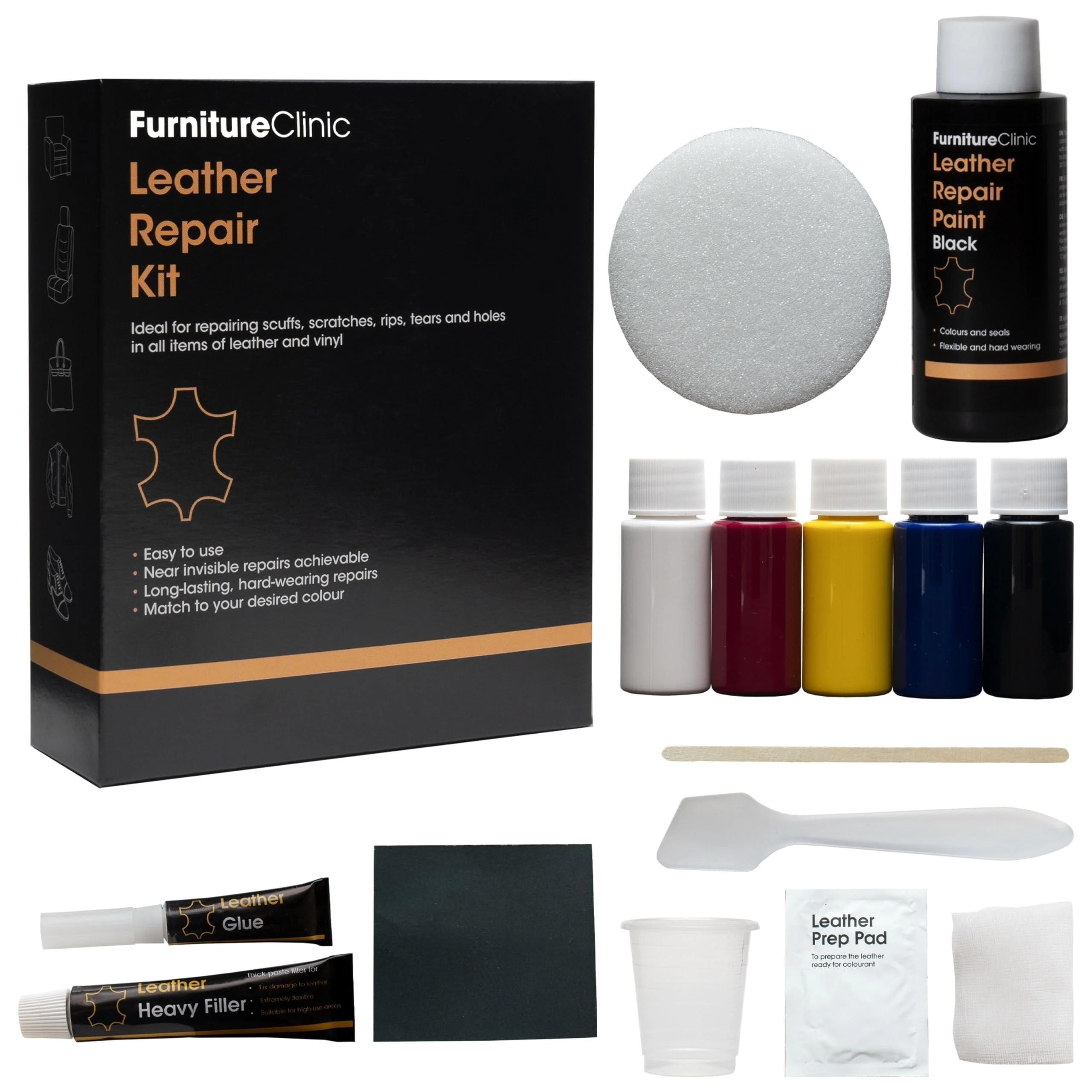 Furniture Clinic Complete Leather Repair Kit (Black) | For Sofas, Car Seats, Furniture, Chairs of Leather - Patch, fill and touch up scratches, tears and other damaged areas