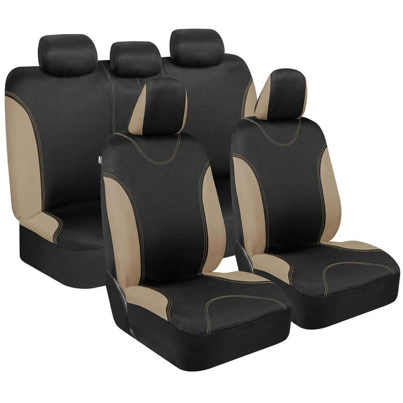 BDK UltraSleek Beige Seat Covers for Cars Full Set, Two-Tone Front Seat Covers with Matching Back Seat Cover, Stylish Car Seat Protectors with Split Bench Design,