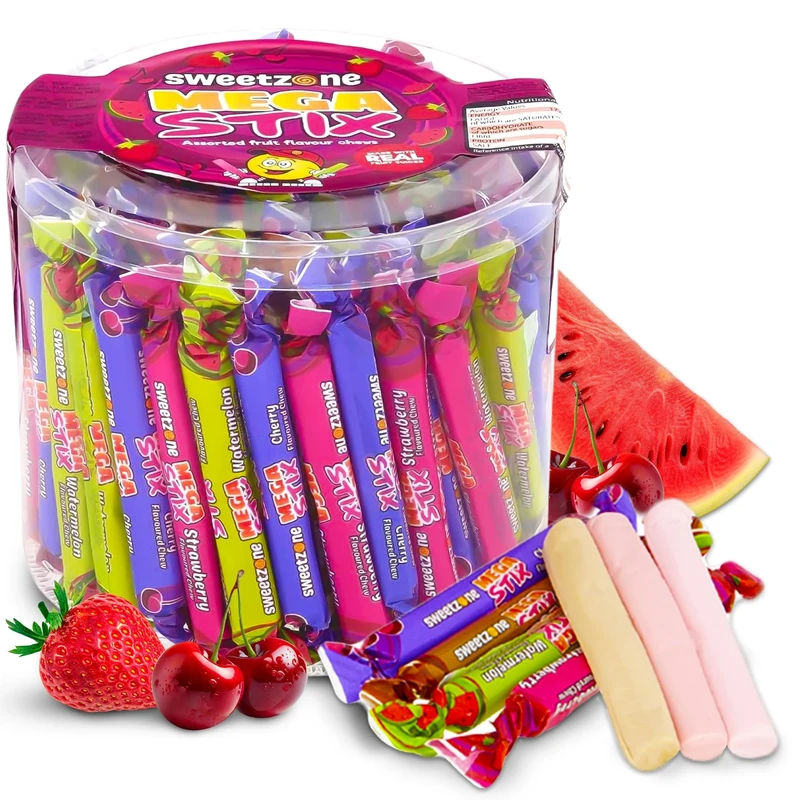 Sweetzone Mega Stix Jars 120 Pieces - 900g Assorted Flavours Bag of Sweets - Enjoy The Burst of Real Fruit Juices with These Chewy Sweets Fruity Treats Sticks - Halal Sweets Perfect for Candy Lovers