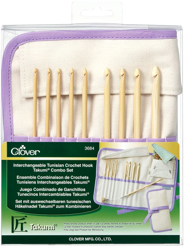 Clover Bamboo Interchangeable Tunisian Crochet Hook Set, Brown, 8" Height x 6.8" Length x 1.2" Width
